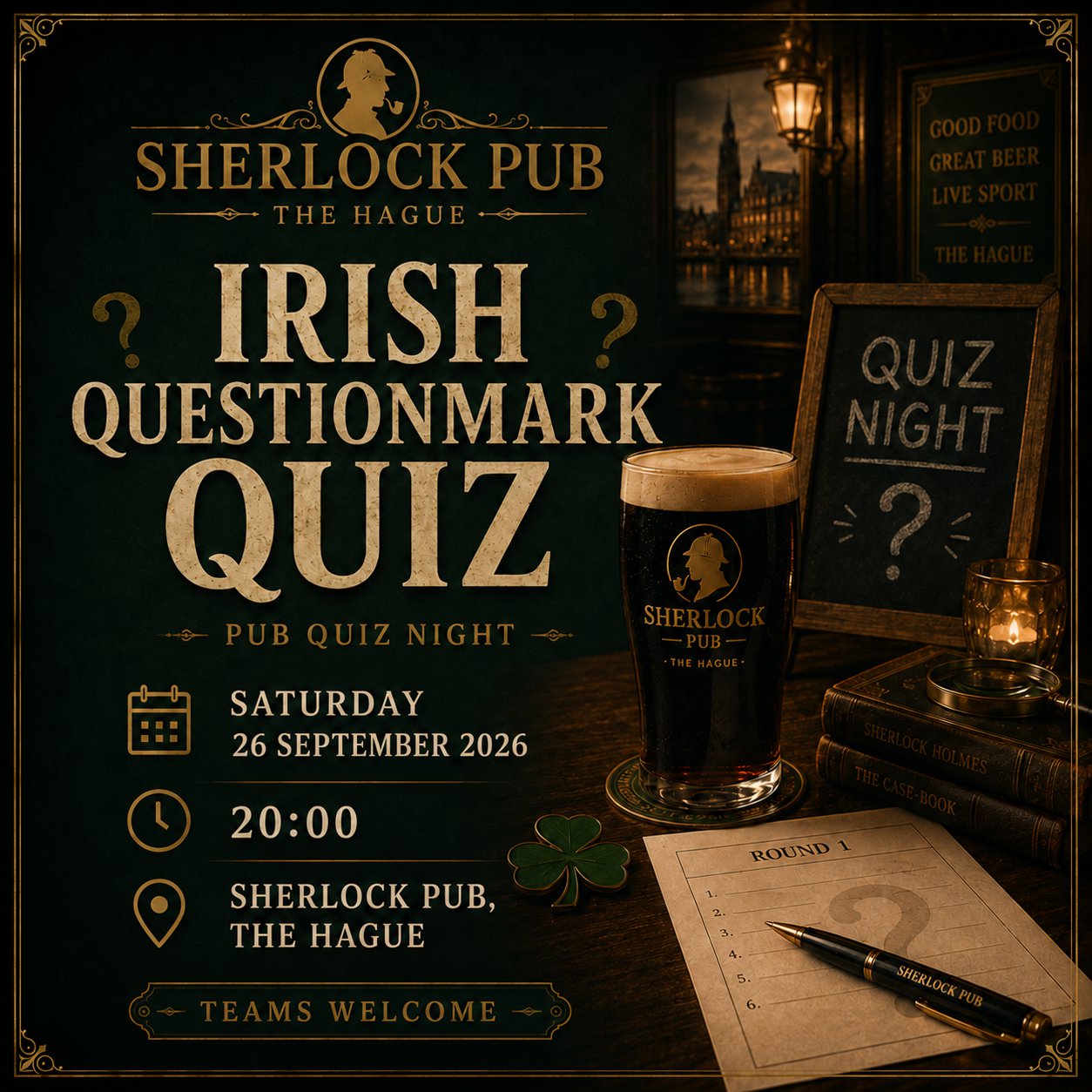 Irish Questionmark pub quiz at Sherlock on 2026-09-26, starting at 20:00