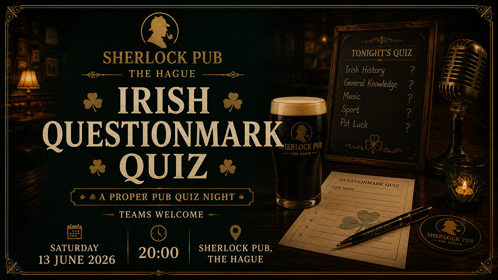Irish Questionmark Pub Quiz event at Sherlock Pub in The Hague.