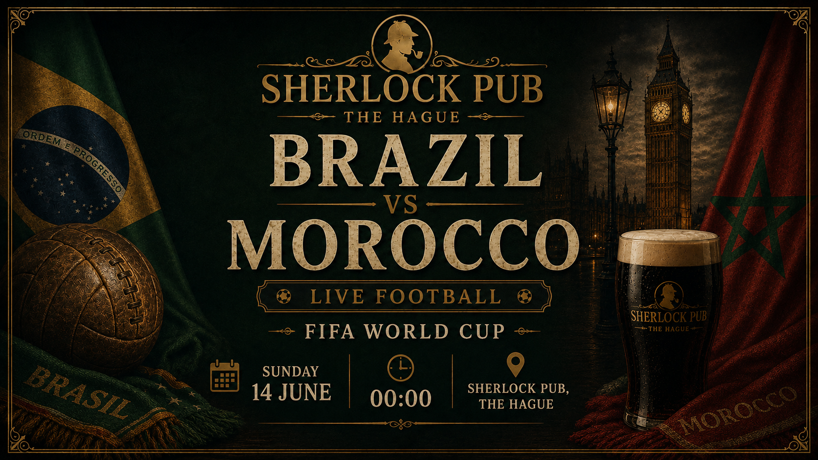 Brazil vs Morocco FIFA World Cup event at Sherlock Pub in The Hague.