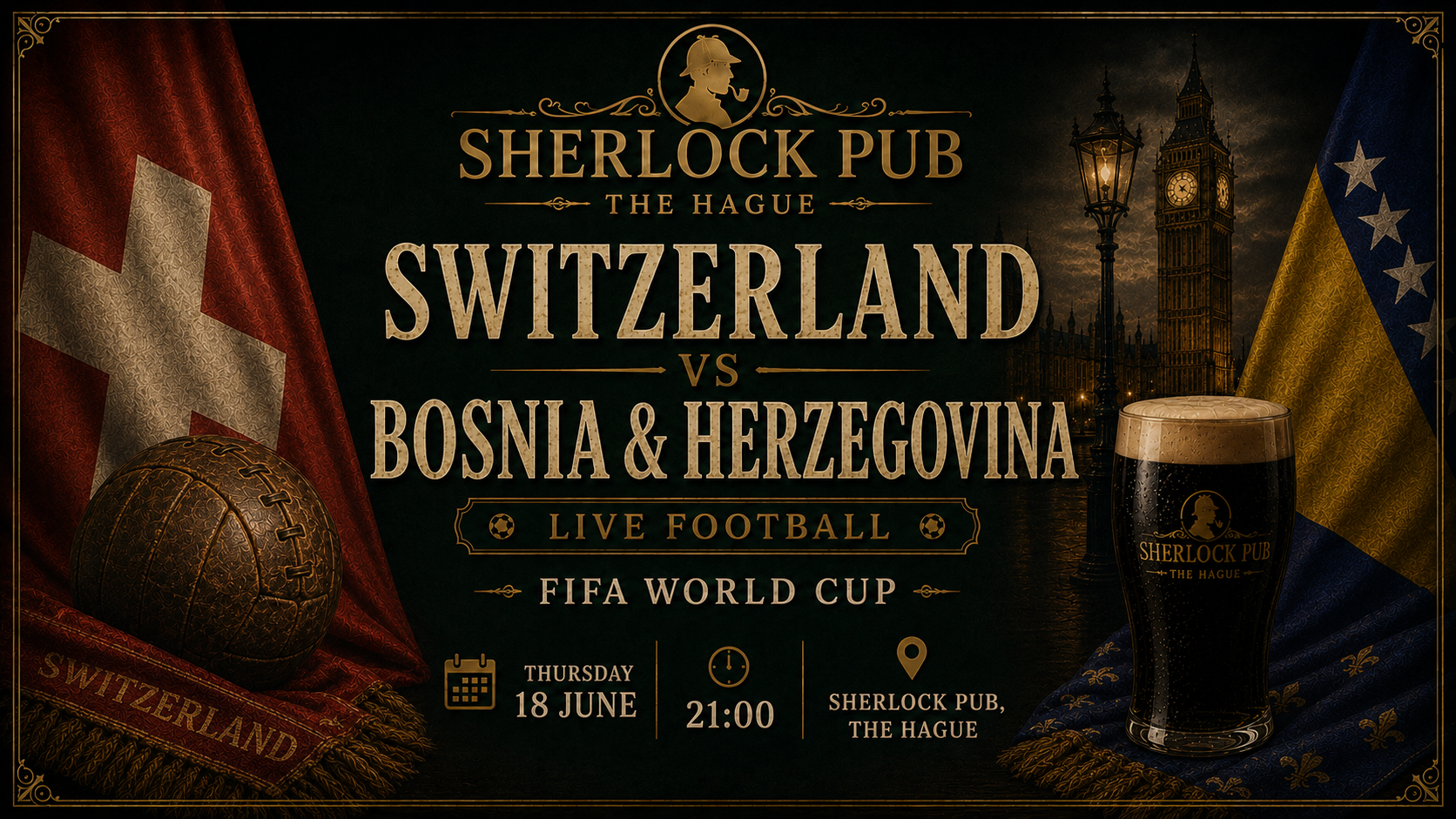 Schweiz vs Bosnien & Herzegowina als FIFA-Weltmeisterschaftsspiel im Sherlock Pub in Den Haag.
