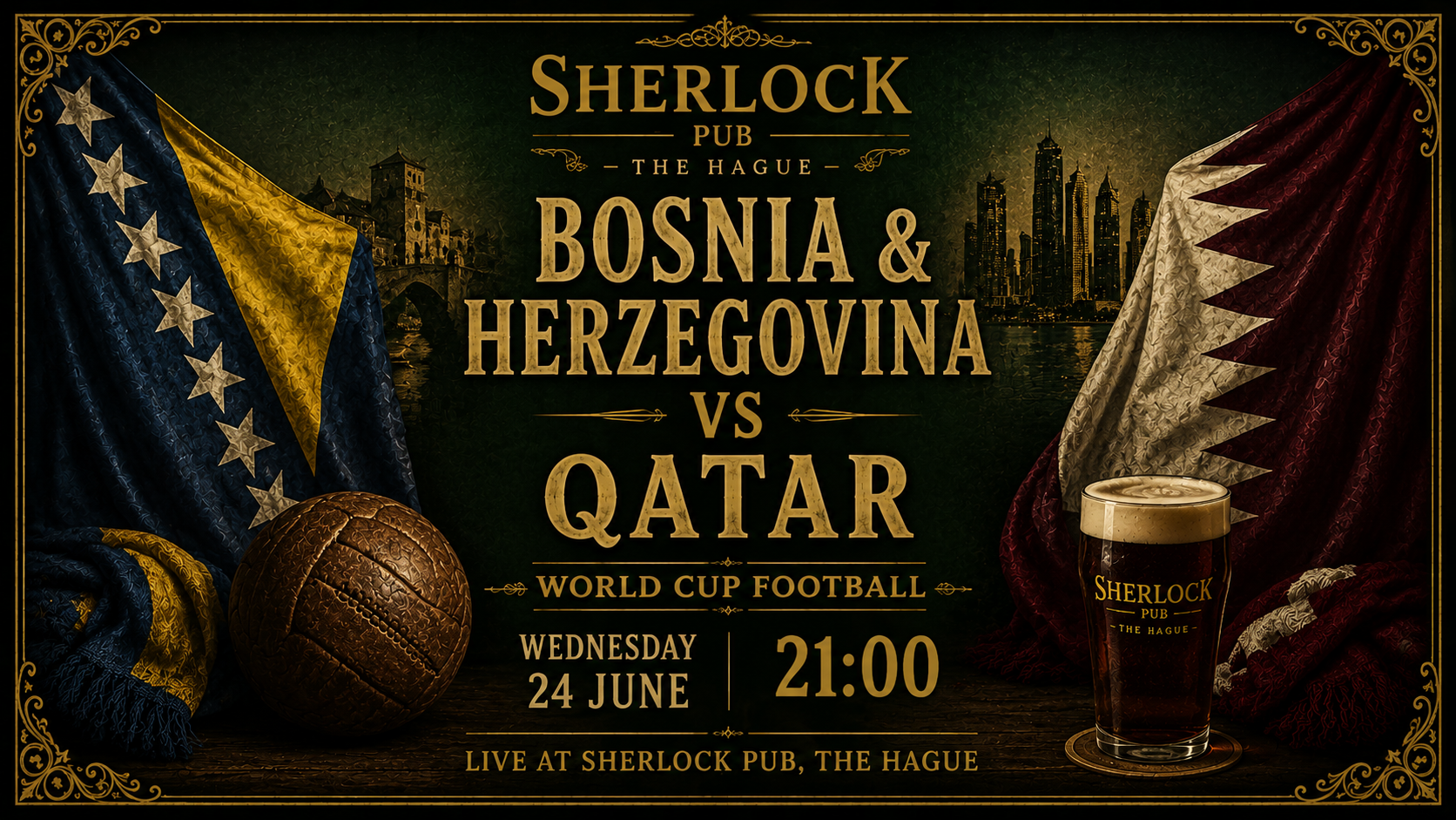 Bosnien & Herzegowina vs Katar als FIFA-Weltmeisterschaftsspiel im Sherlock Pub in Den Haag.